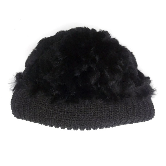 NWT Reversible Knit Beanie Genuine Fur Hat in Solid Black Overstock MSRP $68 - Picture 7 of 7